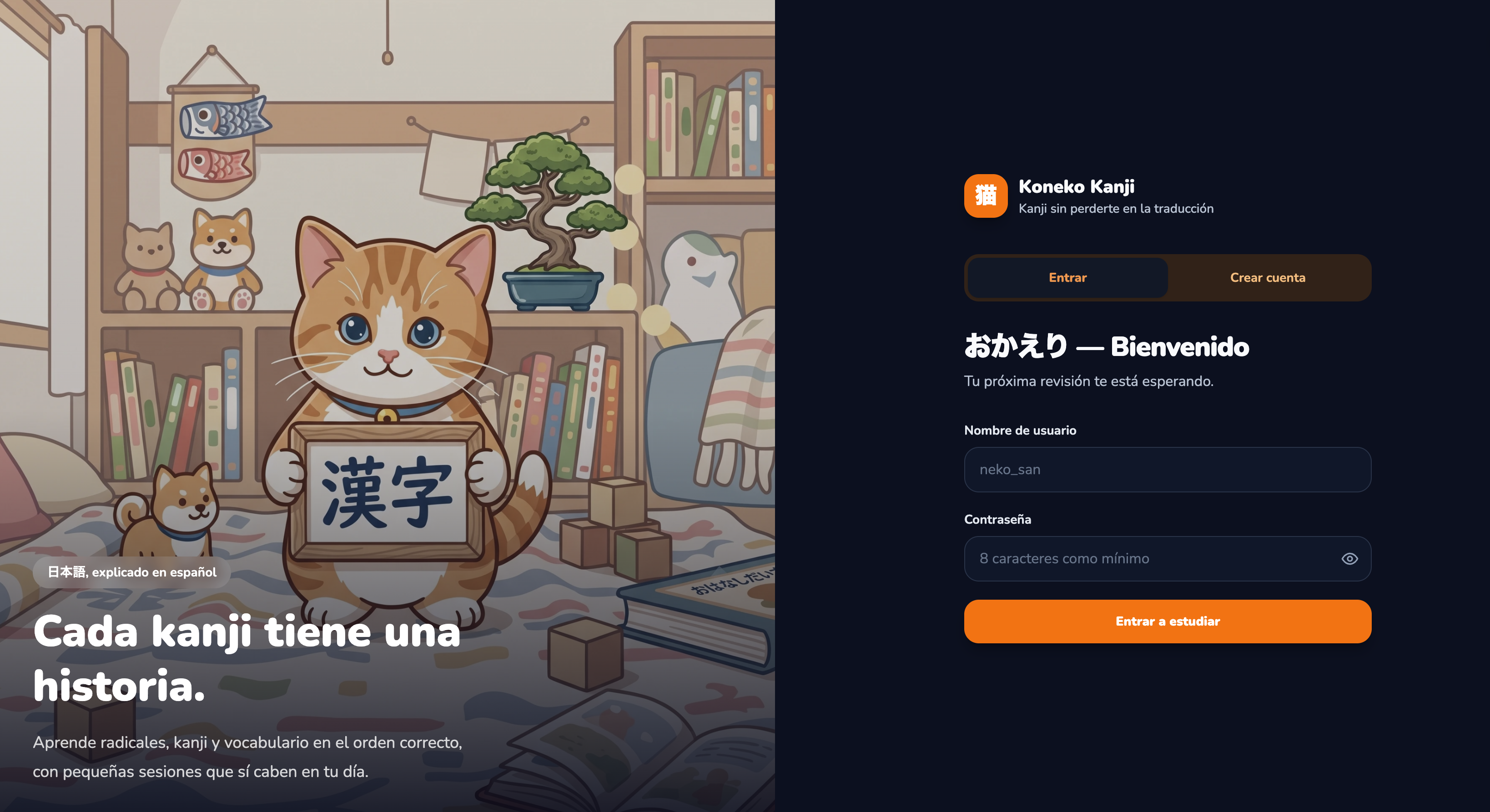 Pantalla de inicio de sesión de Koneko Kanji