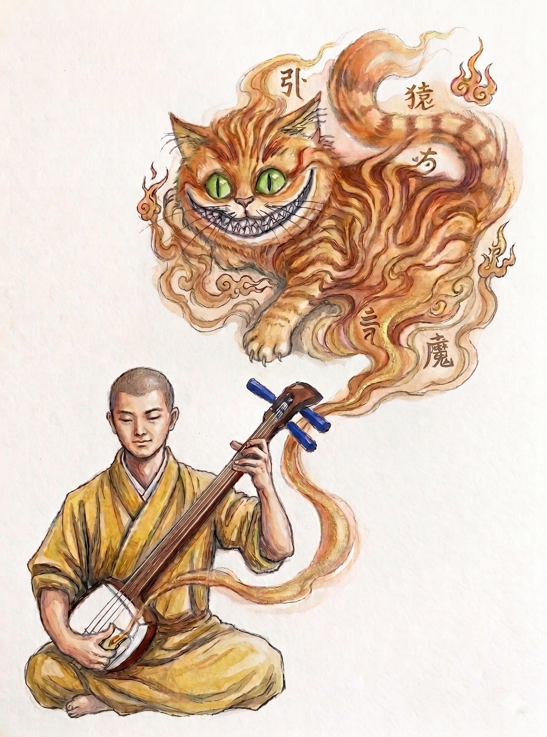 An illustration of a buddhist monk playing the shamisen and a djinn orange cat coming out of it